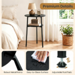 2-Tier Round Side End Table with Storage Shelf, Heavy Duty Metal Frame Adjustable Foot Pads 115 LBS Total Capacity Compact Nightstand for Living Room Bedroom Small Space Black - Image 7