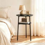 2-Tier Round Side End Table with Storage Shelf, Heavy Duty Metal Frame Adjustable Foot Pads 115 LBS Total Capacity Compact Nightstand for Living Room Bedroom Small Space Black - Image 8
