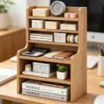 Natural 6-Tier Desktop Storage Organizer, Adjustable Removable Shelves Wooden Desk Rack with Anti-Fall Baffles for Craft Supplies Stationery - Image 6
