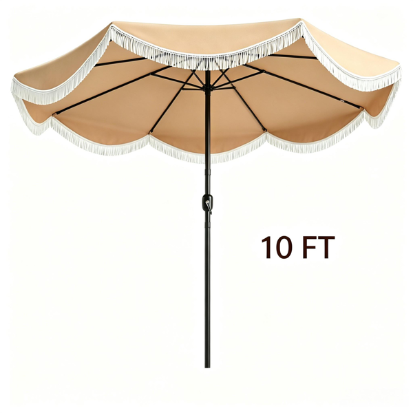 48508000_1 10 ft Boho Patio Umbrella with Tassel Fringe, 30° Tilt Outdoor Market Umbrella with Crank & Vent, Metal Frame Sun Shade for Backyard Pool Garden - Image 1