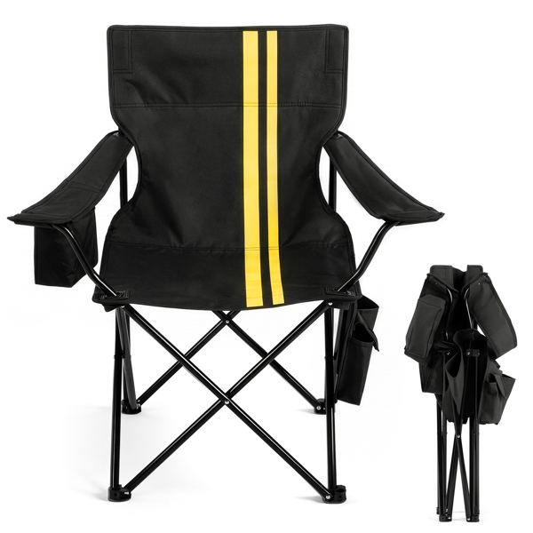 Folding Camping Chair with Built-in Cooler Bag, 350LBS Heavy Duty Portable Outdoor Chair with Cup Holder, Side Pocket & Carry Bag, 33.7"×20.5"×33.5" Black Camping Chair with Yellow Stripes for Beach, Picnic, Fishing