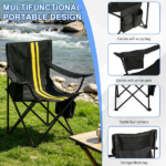 Folding Camping Chair with Built-in Cooler Bag, 350LBS Heavy Duty Portable Outdoor Chair with Cup Holder, Side Pocket & Carry Bag, 33.7"×20.5"×33.5" Black Camping Chair with Yellow Stripes for Beach, Picnic, Fishing - Image 8