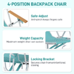 4-Position Adjustable Backpack Beach Chair, Foldable Rustproof Aluminum Frame Lounge Chair with Wooden Armrest, Side Storage Pockets & Detachable Pillow, 24"×22"×37" Outdoor Patio Camping Lawn Chair Holds up to 265 LBS, Mint Green White Vertical Stripe - Image 6
