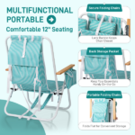 4-Position Adjustable Backpack Beach Chair, Foldable Rustproof Aluminum Frame Lounge Chair with Wooden Armrest, Side Storage Pockets & Detachable Pillow, 24"×22"×37" Outdoor Patio Camping Lawn Chair Holds up to 265 LBS, Mint Green White Vertical Stripe - Image 7