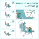 4-Position Adjustable Backpack Beach Chair, Foldable Rustproof Aluminum Frame Lounge Chair with Wooden Armrest, Side Storage Pockets & Detachable Pillow, 24"×22"×37" Outdoor Patio Camping Lawn Chair Holds up to 265 LBS, Mint Green White Vertical Stripe - Image 8