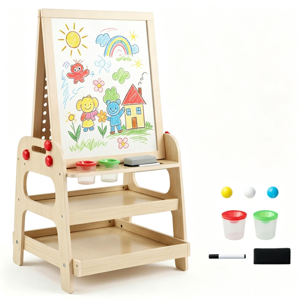2-in-1 Wooden Kids Art Easel with Marble Run, Magnetic Whiteboard Standing Easel with Storage Shelves & Accessories for Kids 3+