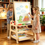 2-in-1 Wooden Kids Art Easel with Marble Run, Magnetic Whiteboard Standing Easel with Storage Shelves & Accessories for Kids 3+ - Image 8