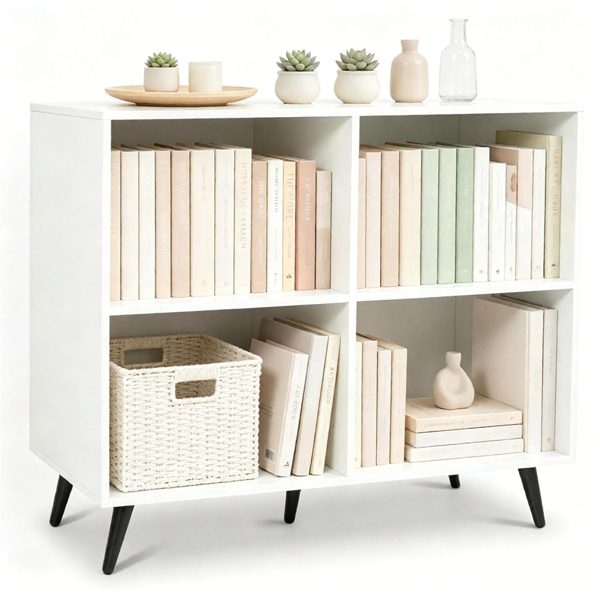 4 Cube Open Storage Bookshelf with 5 Heavy-Duty Metal Elevated Legs, Anti-Tip Wall Anchors Enclosed Back Panel Freestanding Display Cube Organizer for Living Room Home Office - White