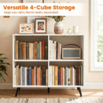 4 Cube Open Storage Bookshelf with 5 Heavy-Duty Metal Elevated Legs, Anti-Tip Wall Anchors Enclosed Back Panel Freestanding Display Cube Organizer for Living Room Home Office - White - Image 8