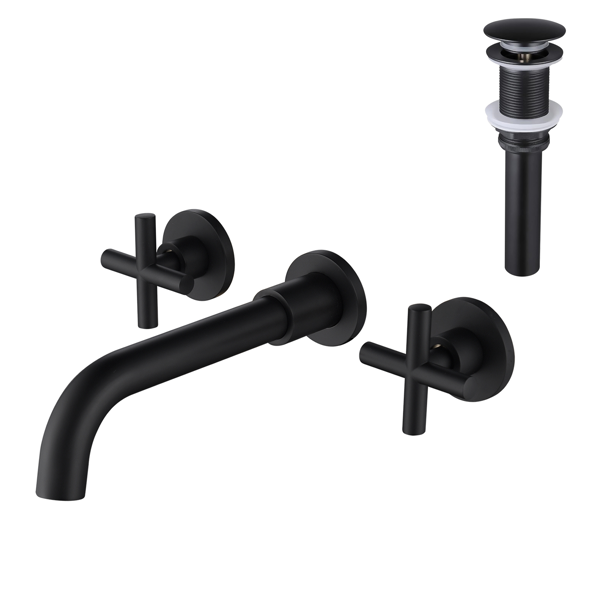 Wall Mounted Dual Handle Bathroom Sink Faucet with Pop-Up Drain (No Overflow)