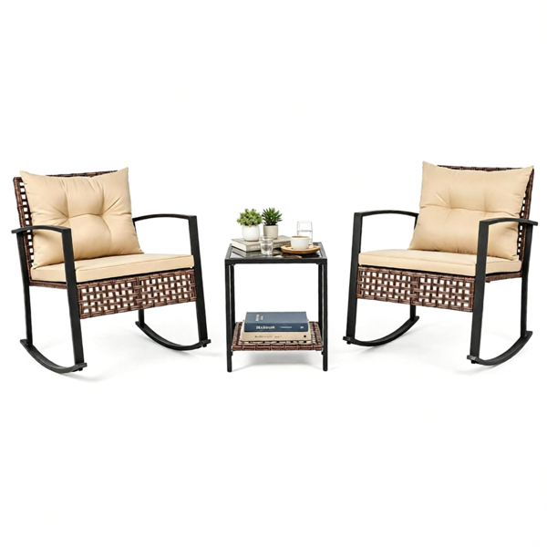 3-Piece Outdoor PE Rattan Rocking Chair Conversation Set with 2-Tier Glass Coffee Table, Heavy Duty Metal Frame Patio Rockers with Zipper Removable Gray Cushions & Back Pillows Mixed Brown Wicker for Backyard Porch Poolside Brown