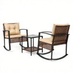 3-Piece Outdoor PE Rattan Rocking Chair Conversation Set with 2-Tier Glass Coffee Table, Heavy Duty Metal Frame Patio Rockers with Zipper Removable Gray Cushions & Back Pillows Mixed Brown Wicker for Backyard Porch Poolside Brown - Image 3
