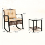 3-Piece Outdoor PE Rattan Rocking Chair Conversation Set with 2-Tier Glass Coffee Table, Heavy Duty Metal Frame Patio Rockers with Zipper Removable Gray Cushions & Back Pillows Mixed Brown Wicker for Backyard Porch Poolside Brown - Image 5
