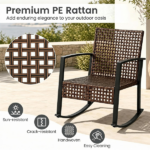 3-Piece Outdoor PE Rattan Rocking Chair Conversation Set with 2-Tier Glass Coffee Table, Heavy Duty Metal Frame Patio Rockers with Zipper Removable Gray Cushions & Back Pillows Mixed Brown Wicker for Backyard Porch Poolside Brown - Image 6