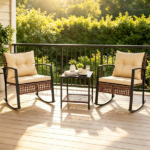 3-Piece Outdoor PE Rattan Rocking Chair Conversation Set with 2-Tier Glass Coffee Table, Heavy Duty Metal Frame Patio Rockers with Zipper Removable Gray Cushions & Back Pillows Mixed Brown Wicker for Backyard Porch Poolside Brown - Image 7