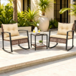 3-Piece Outdoor PE Rattan Rocking Chair Conversation Set with 2-Tier Glass Coffee Table, Heavy Duty Metal Frame Patio Rockers with Zipper Removable Gray Cushions & Back Pillows Mixed Brown Wicker for Backyard Porch Poolside Brown - Image 8