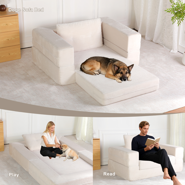Compression Human Dog Sofa Bed for Adult & Pets,Modern Floor Couch With Pillow for Living Room Bedroom,Corduroy Fabric,No Assembly Required, Beige