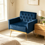 Blue Modern Tufted Velvet Accent Chair, Ergonomic Wide Seat Single Sofa Chair with Padded Armrests, High-Density Foam Upholstered Lounge Chair, 350LBS Heavy Duty Metal Legs Non-Slip Foot Pads Easy Assembly for Living Room Bedroom Office