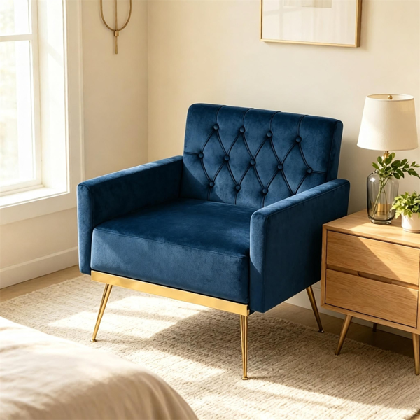 Blue Modern Tufted Velvet Accent Chair, Ergonomic Wide Seat Single Sofa Chair with Padded Armrests, High-Density Foam Upholstered Lounge Chair, 350LBS Heavy Duty Metal Legs Non-Slip Foot Pads Easy Assembly for Living Room Bedroom Office