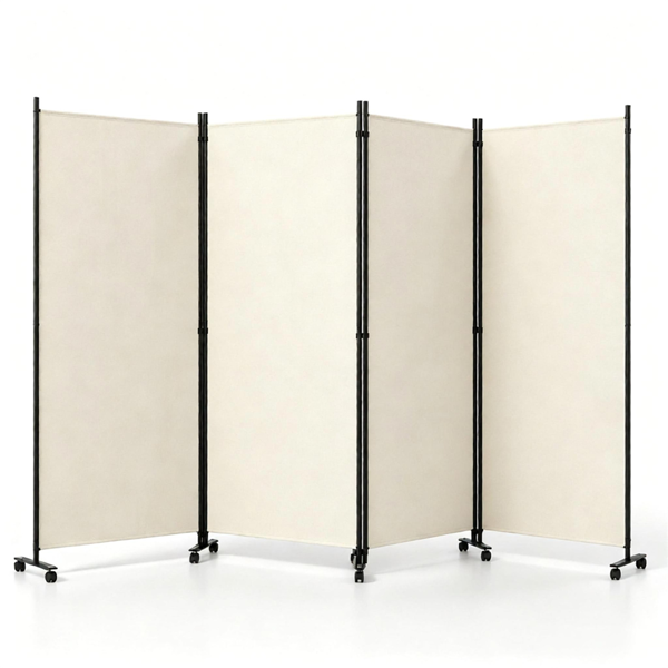 4 Panel Folding Rolling Room Divider with Lockable Universal Wheels, Non-See-Through Polyester Privacy Screen Adjustable Configurations Metal Frame Freestanding Partition for Bedroom Office Studio White