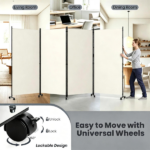 4 Panel Folding Rolling Room Divider with Lockable Universal Wheels, Non-See-Through Polyester Privacy Screen Adjustable Configurations Metal Frame Freestanding Partition for Bedroom Office Studio White - Image 6