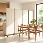 4 Panel Folding Rolling Room Divider with Lockable Universal Wheels, Non-See-Through Polyester Privacy Screen Adjustable Configurations Metal Frame Freestanding Partition for Bedroom Office Studio White - Image 8