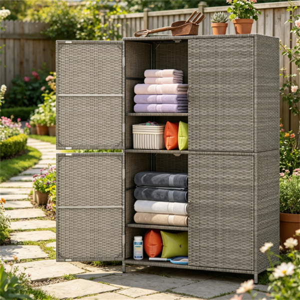 61597312_1 Outdoor PE Rattan Storage Cabinet with Adjustable Shelves, Anti-Tip Garden Tool Storage Shed for Patio Backyard Poolside-Gray - Image 1