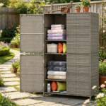 Outdoor PE Rattan Storage Cabinet with Adjustable Shelves, Anti-Tip Garden Tool Storage Shed for Patio Backyard Poolside-Gray - Image 2