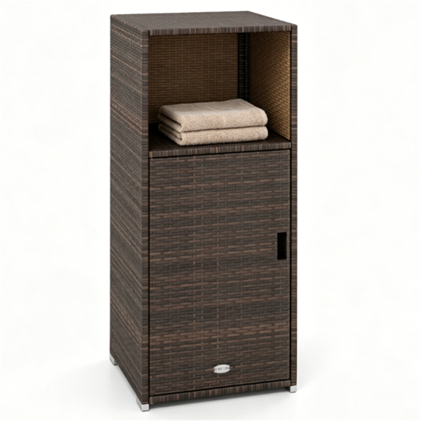61599163_1 Brown Wicker Garden Storage Cabinet, Dual Open & Closed Design Outdoor Tool Cushion Storage Cabinet for Backyard Porch Poolside - Image 1