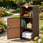 Brown Wicker Garden Storage Cabinet, Dual Open & Closed Design Outdoor Tool Cushion Storage Cabinet for Backyard Porch Poolside - Image 5