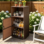 Brown Wicker Garden Storage Cabinet, Dual Open & Closed Design Outdoor Tool Cushion Storage Cabinet for Backyard Porch Poolside - Image 8