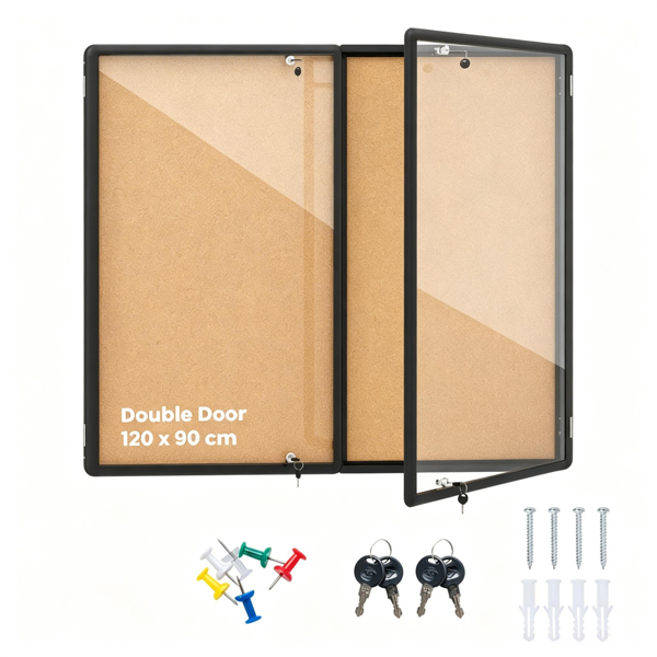 Outdoor Lockable Cork Bulletin Board, Aluminum Framed Enclosed Notice Display Case with Shatterproof PET Doors for School Office Community Wall Mount