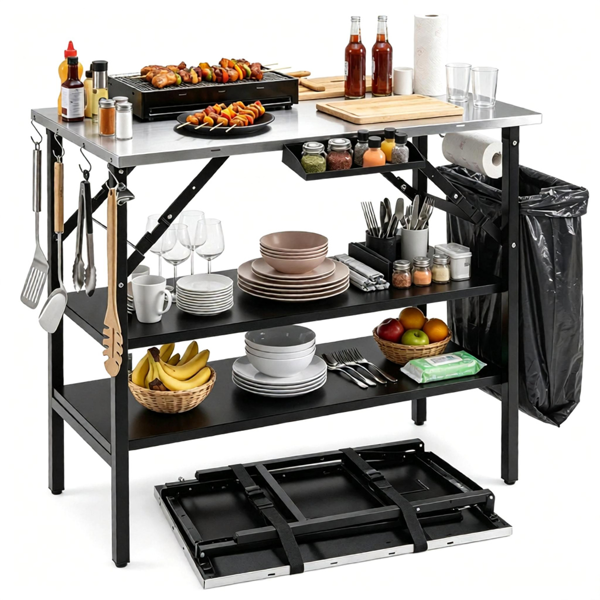 Foldable Outdoor Grill Prep Table with Stainless Steel Tabletop, Galvanized Steel Frame Multi Detachable Storage Shelves Spice Rack Paper Towel Holder Trash Bag Hook Portable Camping BBQ Station Black Silver