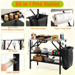 Foldable Outdoor Grill Prep Table with Stainless Steel Tabletop, Galvanized Steel Frame Multi Detachable Storage Shelves Spice Rack Paper Towel Holder Trash Bag Hook Portable Camping BBQ Station Black Silver - Image 4