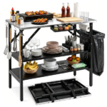 Foldable Outdoor Grill Prep Table with Stainless Steel Tabletop, Galvanized Steel Frame Multi Detachable Storage Shelves Spice Rack Paper Towel Holder Trash Bag Hook Portable Camping BBQ Station Black Silver - Image 5