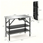 Foldable Outdoor Grill Prep Table with Stainless Steel Tabletop, Galvanized Steel Frame Multi Detachable Storage Shelves Spice Rack Paper Towel Holder Trash Bag Hook Portable Camping BBQ Station Black Silver - Image 6