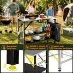 Foldable Outdoor Grill Prep Table with Stainless Steel Tabletop, Galvanized Steel Frame Multi Detachable Storage Shelves Spice Rack Paper Towel Holder Trash Bag Hook Portable Camping BBQ Station Black Silver - Image 8