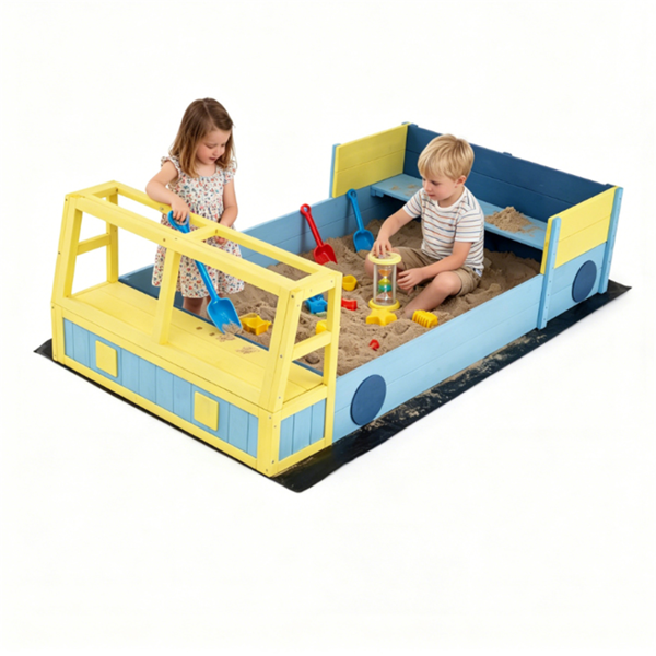 65599388_1 Fire Truck Themed Wooden Sandbox for 2 Kids, Fir Wood Play Sand Table with PP Liner & Bench, Outdoor Sensory Play Toy for Toddlers 18+ Months - Image 1
