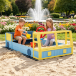 Fire Truck Themed Wooden Sandbox for 2 Kids, Fir Wood Play Sand Table with PP Liner & Bench, Outdoor Sensory Play Toy for Toddlers 18+ Months - Image 3