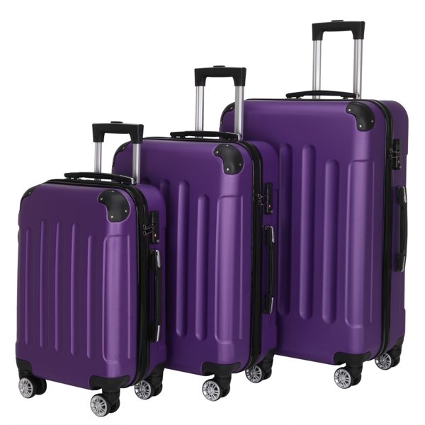 3-in-1 Luggage Set with Handle and Swivel Wheels 4-Corner ABS Trolley Case Aluminum Alloy Trolley Suitcase 20in 24in 28in Dark Purple