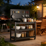 Outdoor Grill Cart Table with Pegboard, Indoor and Outdoor Pizza Oven Table with Lockable Wheels,3-Tier Mobile Multifunctional Organizer Table for Grilling Fans, 47.2" H x 33.5" W x 18" D Black