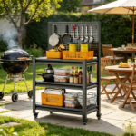 Outdoor Grill Cart Table with Pegboard, Indoor and Outdoor Pizza Oven Table with Lockable Wheels,3-Tier Mobile Multifunctional Organizer Table for Grilling Fans, 47.2" H x 33.5" W x 18" D Black - Image 3