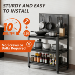 Outdoor Grill Cart Table with Pegboard, Indoor and Outdoor Pizza Oven Table with Lockable Wheels,3-Tier Mobile Multifunctional Organizer Table for Grilling Fans, 47.2" H x 33.5" W x 18" D Black - Image 7