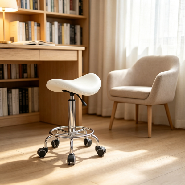 White PU Leather Saddle Rolling Stool – Adjustable Height with Wheels for Massage, Spa, Beauty Tattoo