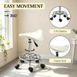White PU Leather Saddle Rolling Stool – Adjustable Height with Wheels for Massage, Spa, Beauty Tattoo - Image 5