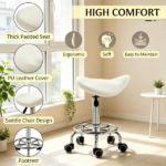 White PU Leather Saddle Rolling Stool – Adjustable Height with Wheels for Massage, Spa, Beauty Tattoo - Image 7
