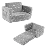Glow-in-the-Dark Kids Foldable Sofa Bed All-Sponge Single Chaise Lounge Light Grey Star & Moon Flannel - Image 2