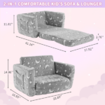 Glow-in-the-Dark Kids Foldable Sofa Bed All-Sponge Single Chaise Lounge Light Grey Star & Moon Flannel - Image 5