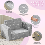 Glow-in-the-Dark Kids Foldable Sofa Bed All-Sponge Single Chaise Lounge Light Grey Star & Moon Flannel - Image 7