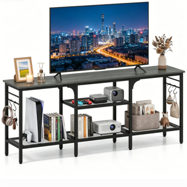 Industrial 3-Tier TV Stand for 65 Inch TV, Heavy Duty Metal Frame Entertainment Center with Anti-Tip Design & Storage Hooks for Living Room - Oak